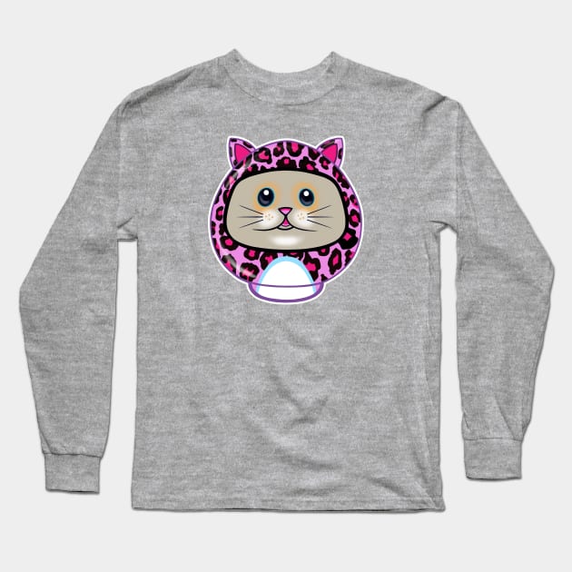 Cute Kitty Pink Leopard Print Daruma Doll Long Sleeve T-Shirt by Space Truck